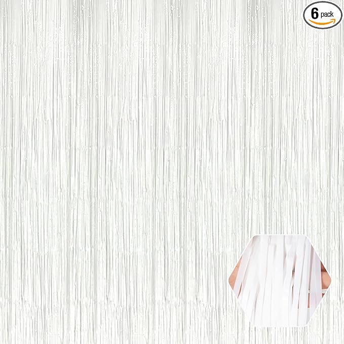 6 Pack White Foil Fringe Curtain Backdrop, 3.28Ft x 8.2Ft Metallic Tinsel Foil Fringe Streamer Curtains for Photo Booth, Birthday, Wedding, New Year Party Decorations