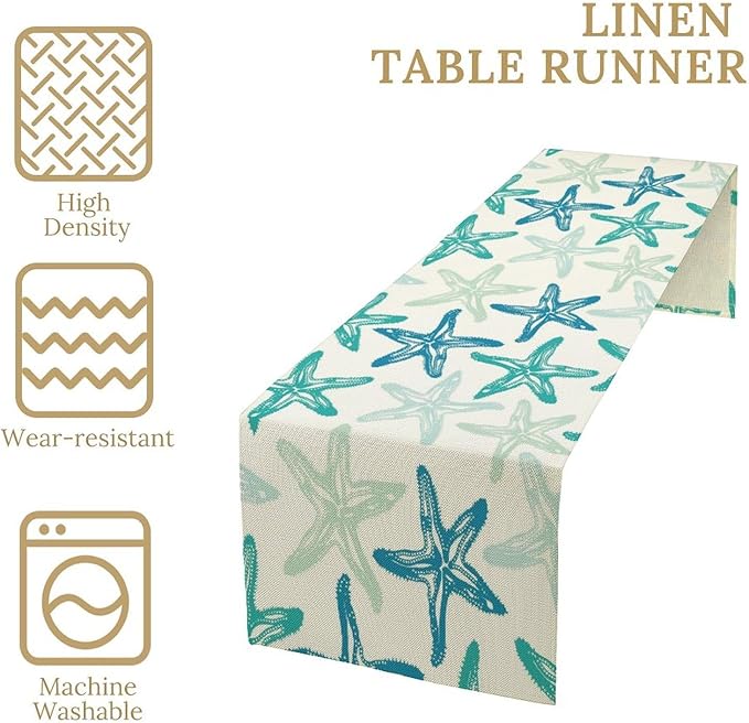 Starfish Plaid Table Flag Green Plaid and Marine Life Starfish Kitchen Table Flag Suitable for Birthday Party Restaurant Decoration Outdoor Picnic 13x36 Inch