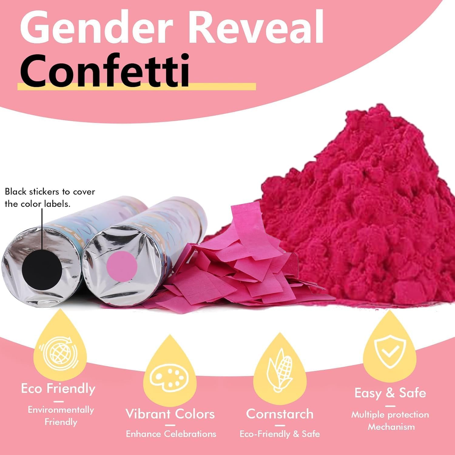 Previvo Gender Reveal Confetti Powder Cannon - 2 Pack Pink Baby Gender Reveal Poppers - 100% Biodegradable Powder Smoke - Baby Party Supplies