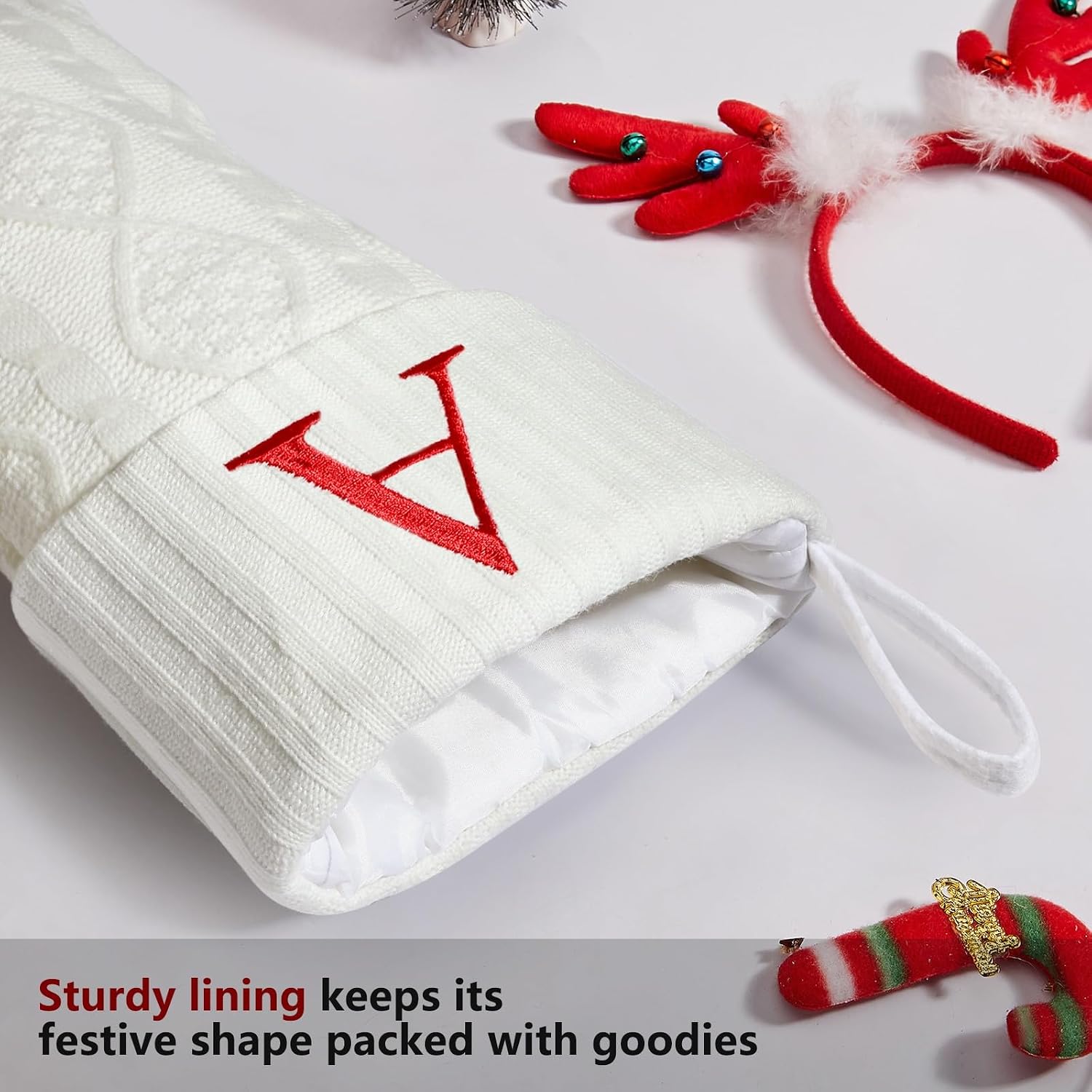 Senneny Christmas Stockings with Initials, 20” Large Embroidered Monogram Knitted Stockings for Family, Kids, Xmas Holiday Party Gifts & Decoration for Fireplace, White, Letter A