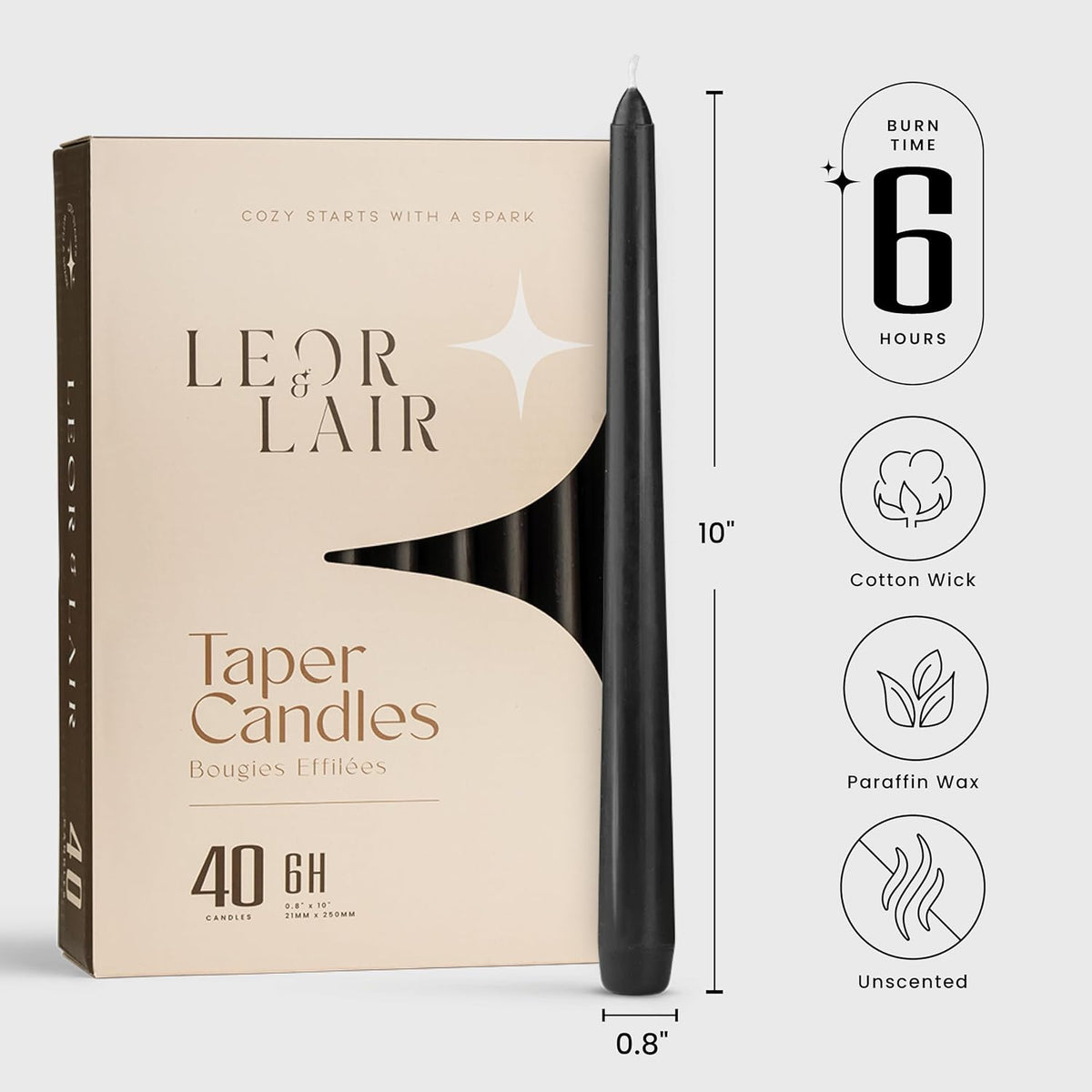 Leor & Lair Black Taper Candles, 40 Pack, 10 Inch Bulk Candlesticks