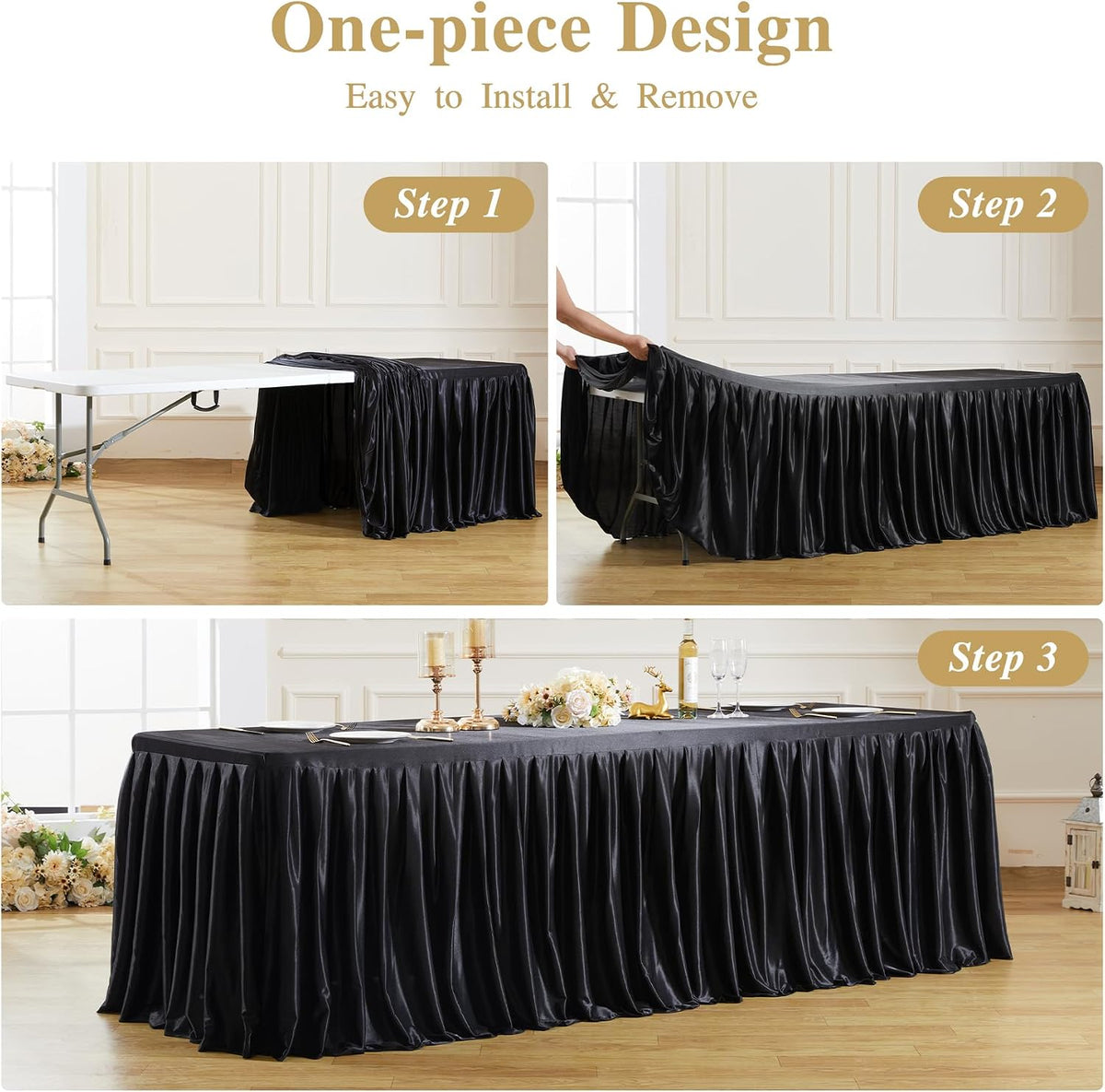8 Pack 8ft Black Satin Tablecloths for Rectangle Tables Spandex Table Cover