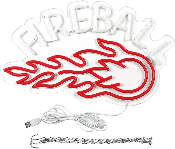 Neon Sign, LED Neon Light Sign 17x10， USB Powered Decorative Bar Open Sign for Home Bar Store Party Decor，FIREBALL Whiskey Neon Lights for Man Cave