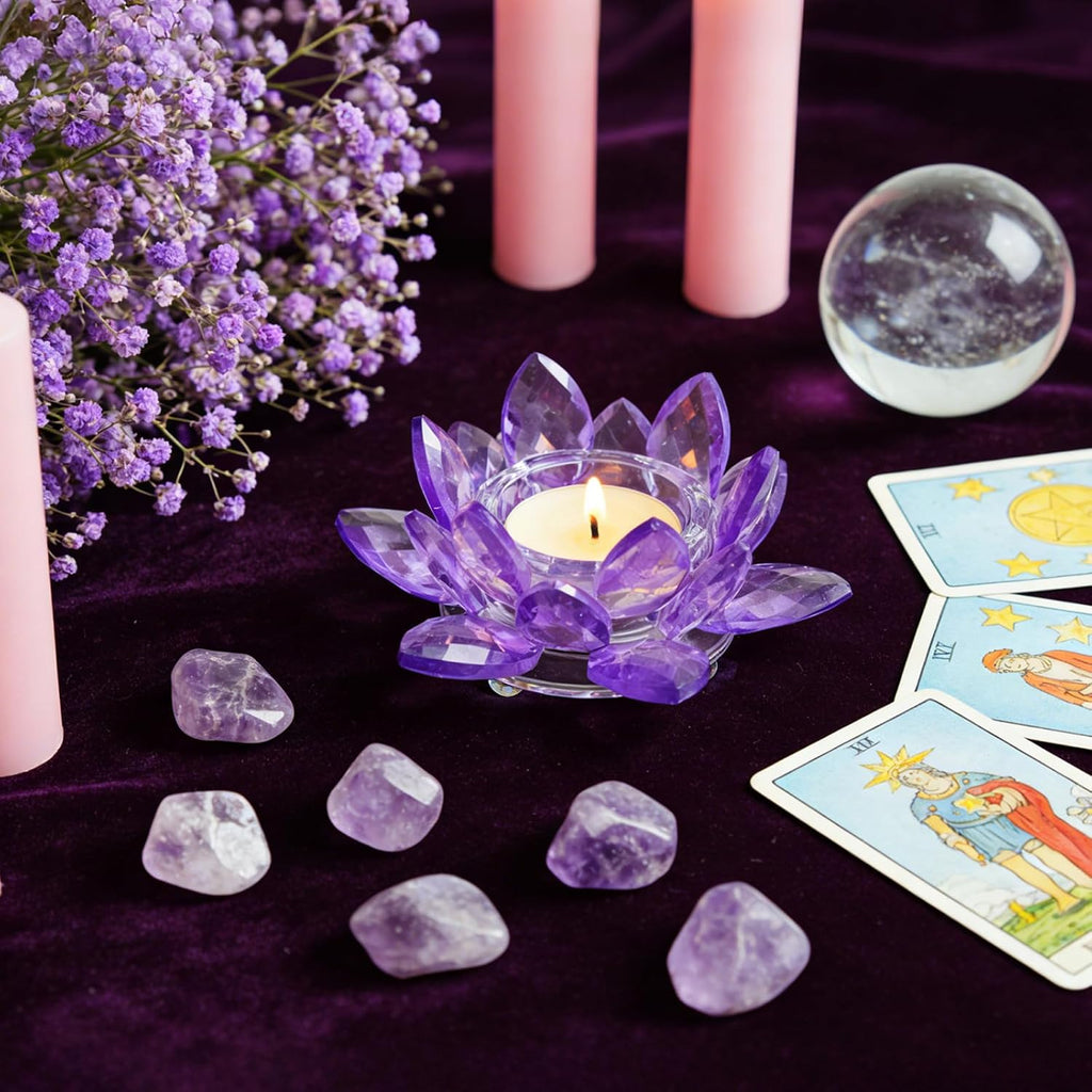 1 Pc Purple Crystal Lotus Flower Tealight Candle Holder | Glass Votive Candlestick Decor for Home, Wedding, Party & Christmas Table Centerpieces