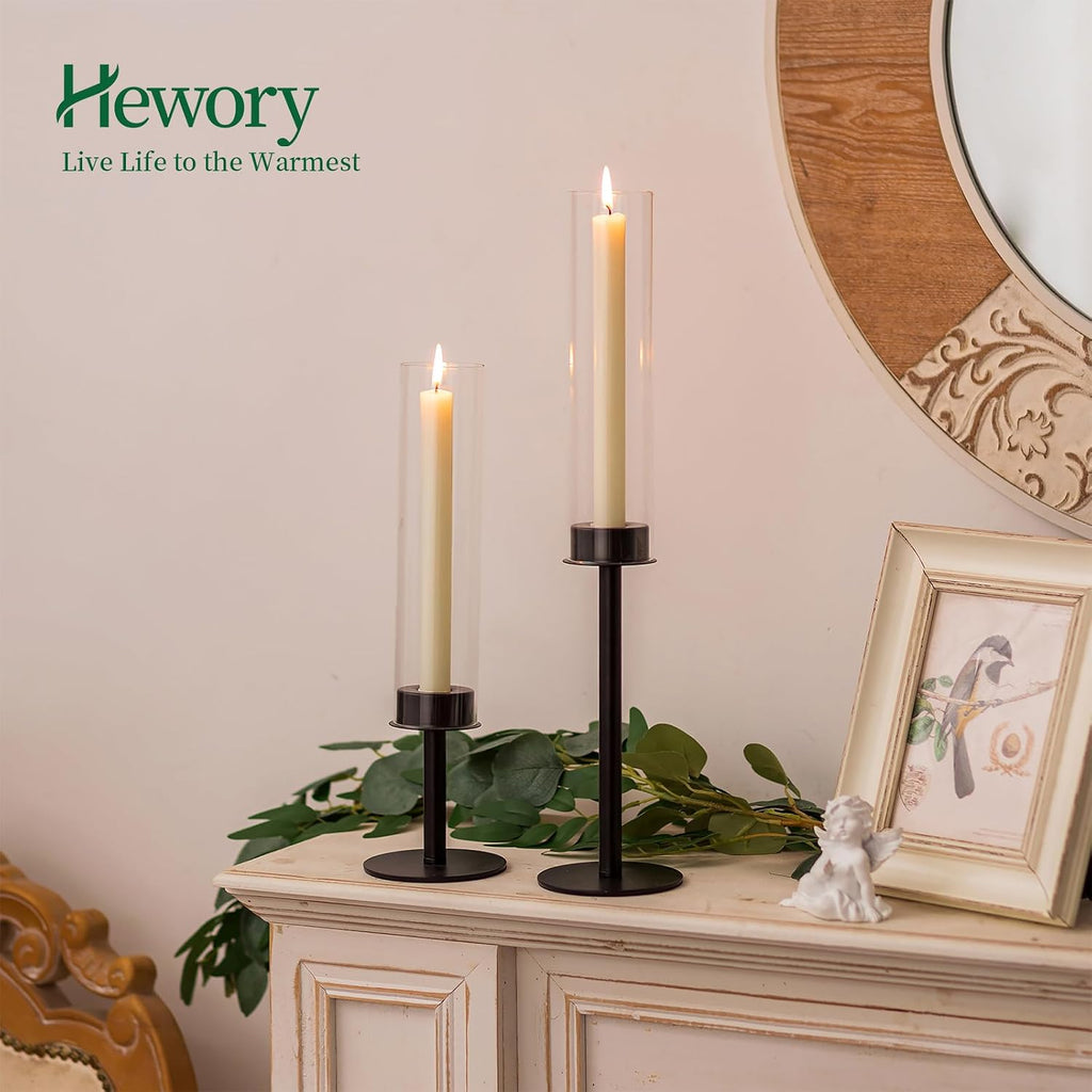Hewory Black Candlestick Holders Hurricane Candle Holder, 3Pcs Candle Stick Candle Holder Candelabra, Taper Candle Holders with Glass Candle Cover for Wedding Table Centerpiece Christmas Decor