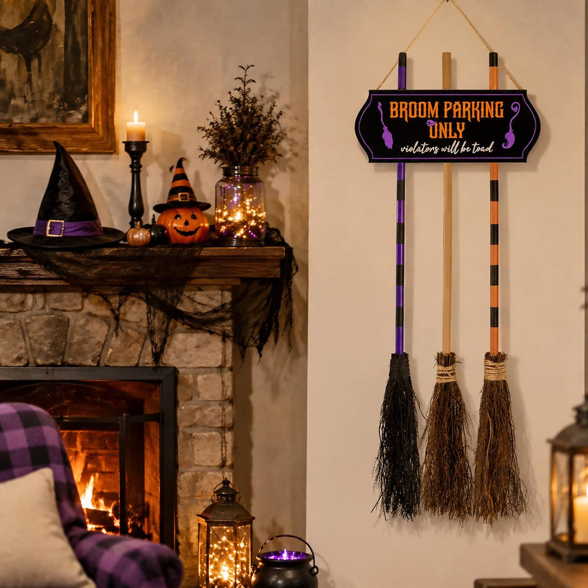 Halloween Broom Parking Sign with 3 Wooden Witch Brooms