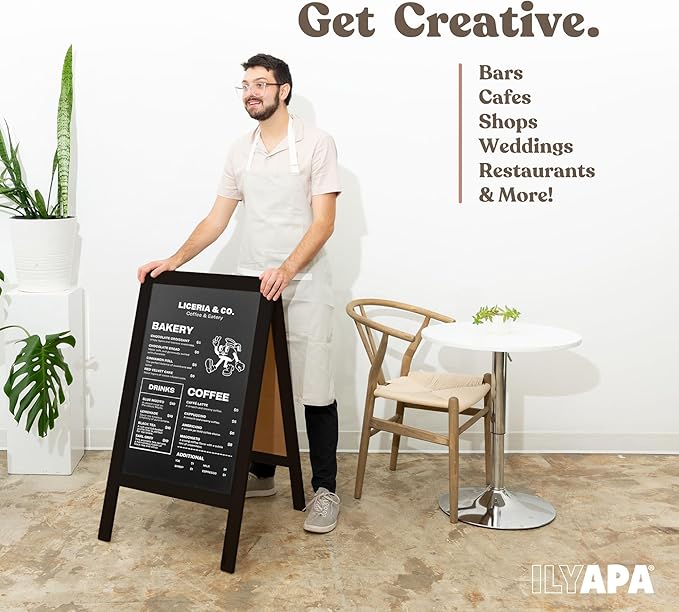 Ilyapa Wooden A-Frame Chalkboard Sign with Eraser, 40 x 20 Inch Magnetic Sidewalk Menu Board, Black Menu Display for Restaurant, Business, or Weddings