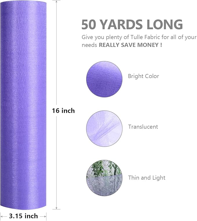 Crystal Organza Fabric Tulle - 16" by 50 Yards Sheer Fabric for Wedding Party Decoration Bridal Shower Tutu Roll Netting Spool Ribbon Wrapping (Lavendar)