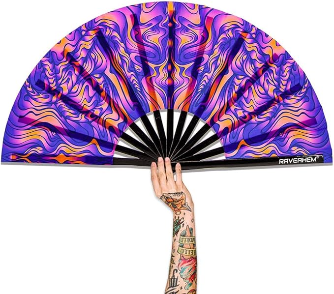 UV Glow Rave Fan, Bamboo Folding Clack Hand Fans Foldable for Men Women, Boots on the Ground Poping Fan for EDM Festival Line Dance Decoration, (Wellen, Medium 11")