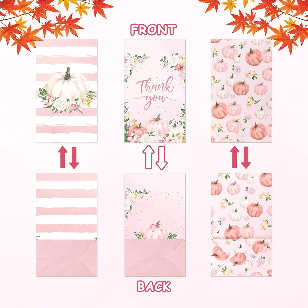 Sinasasspel 24Pcs Pumpkin Gift Bags with Thank You Stickers, Fall Paper Treat Bags Thanksgiving Party Favor Bags, Pink Little Pumpkin Candy Goodie Bags for Birthday Baby Shower Autumn Party Supplies
