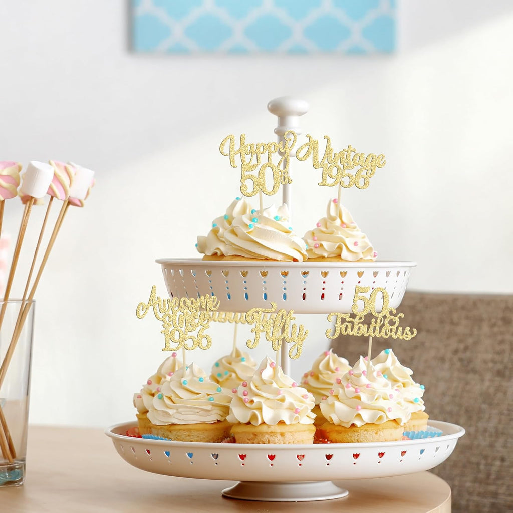 30Pcs Vintage 1976 Cupcake Toppers Glitter Fifty Happy 50th Birthday 50 Fabulous Cupcake Picks Cheers to 50 Years for 50th Birthday Wedding Anniversary Party Cake Decorations Supplies Gold