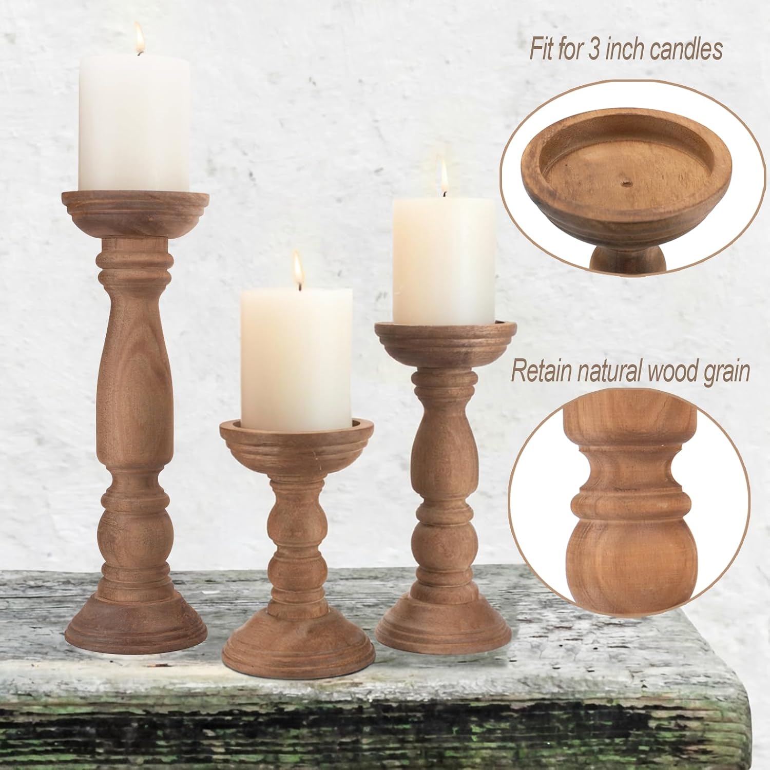 BANOMII Farmhouse Wooden Candle Holders for Pillar Candles Set of 3, Rustic Wood Candle Holder Table Centerpiece Decor, 12'' 9'' 6'' Vintage Tall Candle Stand Decorative, Brown