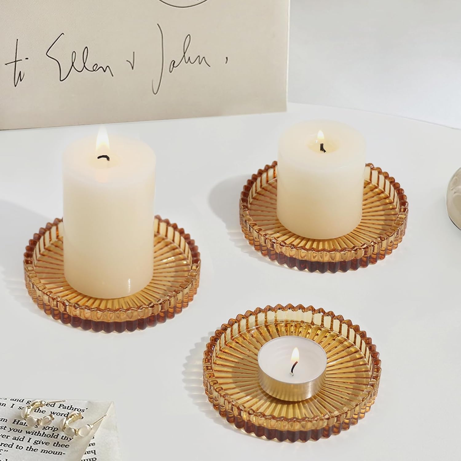 Glass Pillar Candle Holder, 4" Amber Candle Plates Set of 3, Glass Candle Holders for Wedding, Party, Holiday, Home Decor, Table Centerpiece
