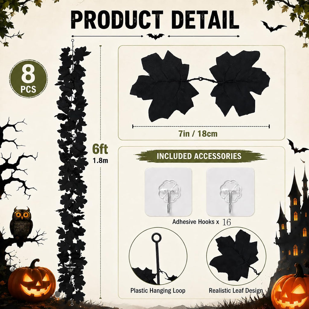 48ft black halloween garland 8pcs maple leaf, table shown in use