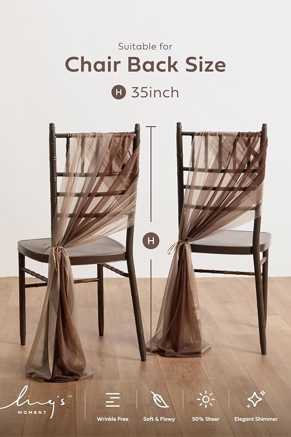 Ling's moment Wedding Chiffon Chair Sashes Cover Aisle Decorations Draping Fabric Wrinkle-Free with Tie 16 Pcs Cappuccino & Brown for Party Ceremony Reception Floral Arrangement Banquet Outdoor Decor