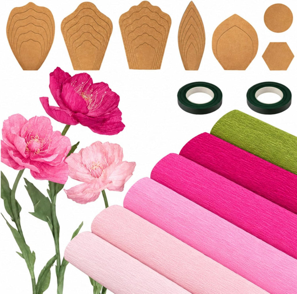 AmazingSpark 6 Colors Crepe Paper 17 x 98 Inch Crepe Paper Sheet with 5 Set Different Petal Template, 2 Roll Floral Tape, Iron Wire and Hot Melt Glue Stick DIY Craft Party (Red Rose Color Scheme)