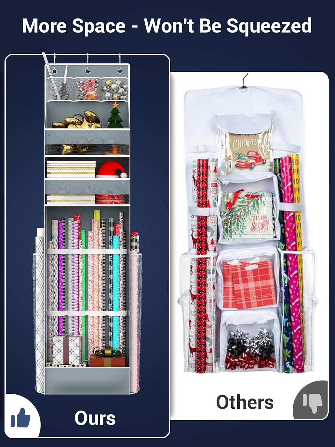 Hanging Gift Wrapping Paper Storage, Christmas Wrapper Bag Container, Long Craft Roll Organizer, Present Wrap Holder for Closet, Door (Gray)