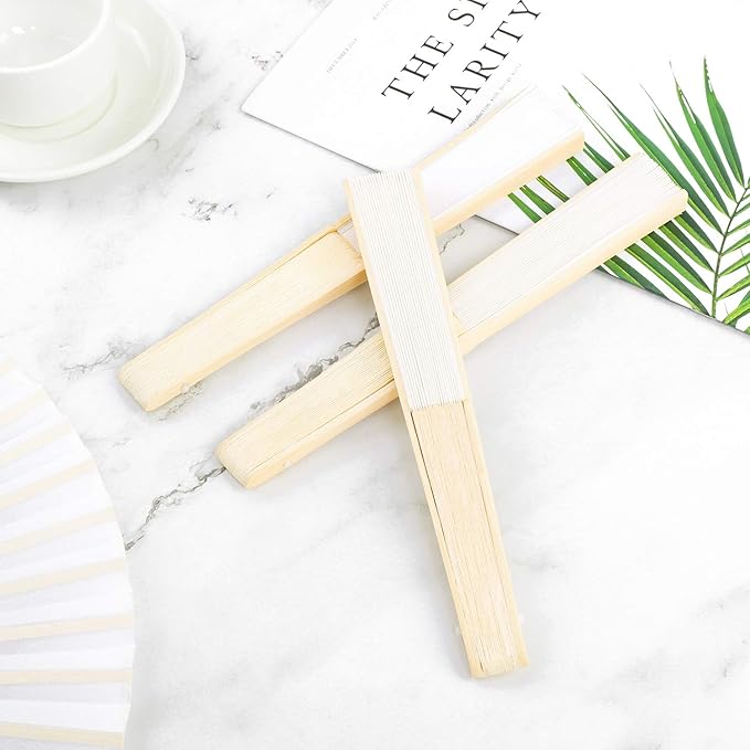 URATOT 36 Pieces White Folding Fans Silk Bamboo Folding Fans Handheld Fans for Wedding, Party Decoration