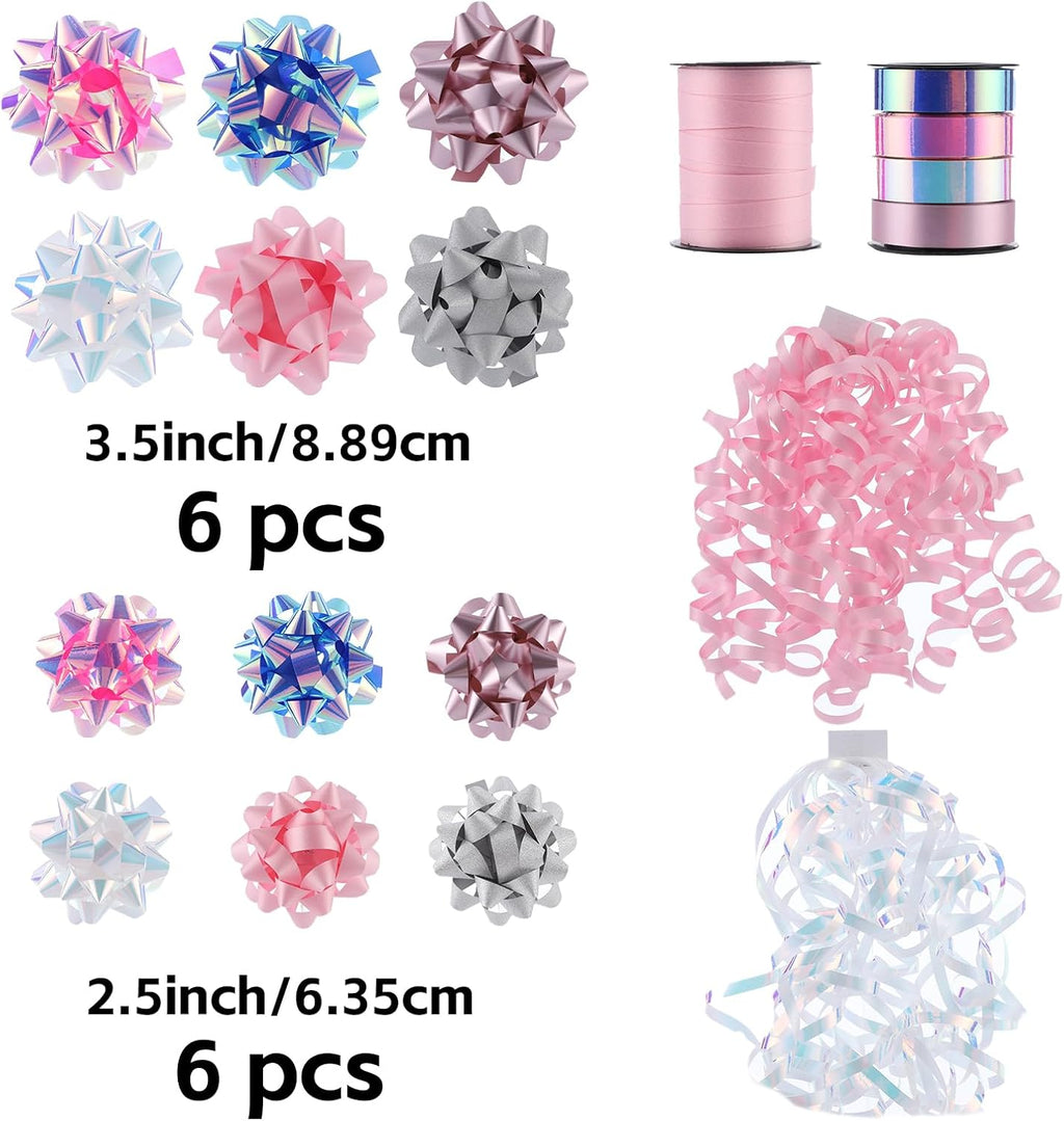 DYSHIPEN 16 Pcs Gift Bows,Bows for Gift Wrapping and Presents,2 Crimped Curling Ribbons,2 Curly Bows,Christmas Bows,for Parties, Birthdays, Weddings. (Pink, 3.5in+2.5in)