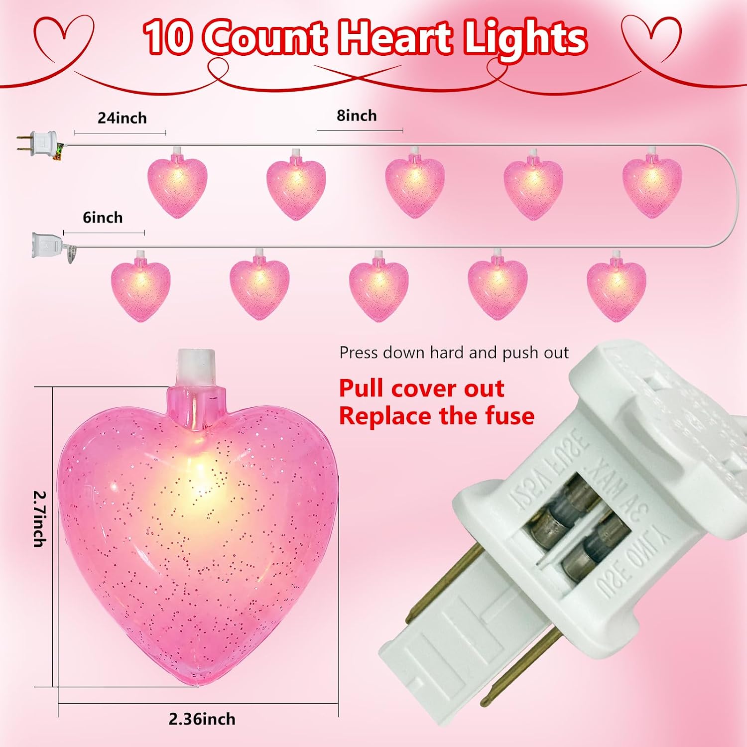 Valentine’s Day Heart String Lights Plug in, 8.5FT Pink LED Heart Lights for Indoor Outdoor Decor, Connectable Valentine Pink Fairy String with Soft Romantic Glow