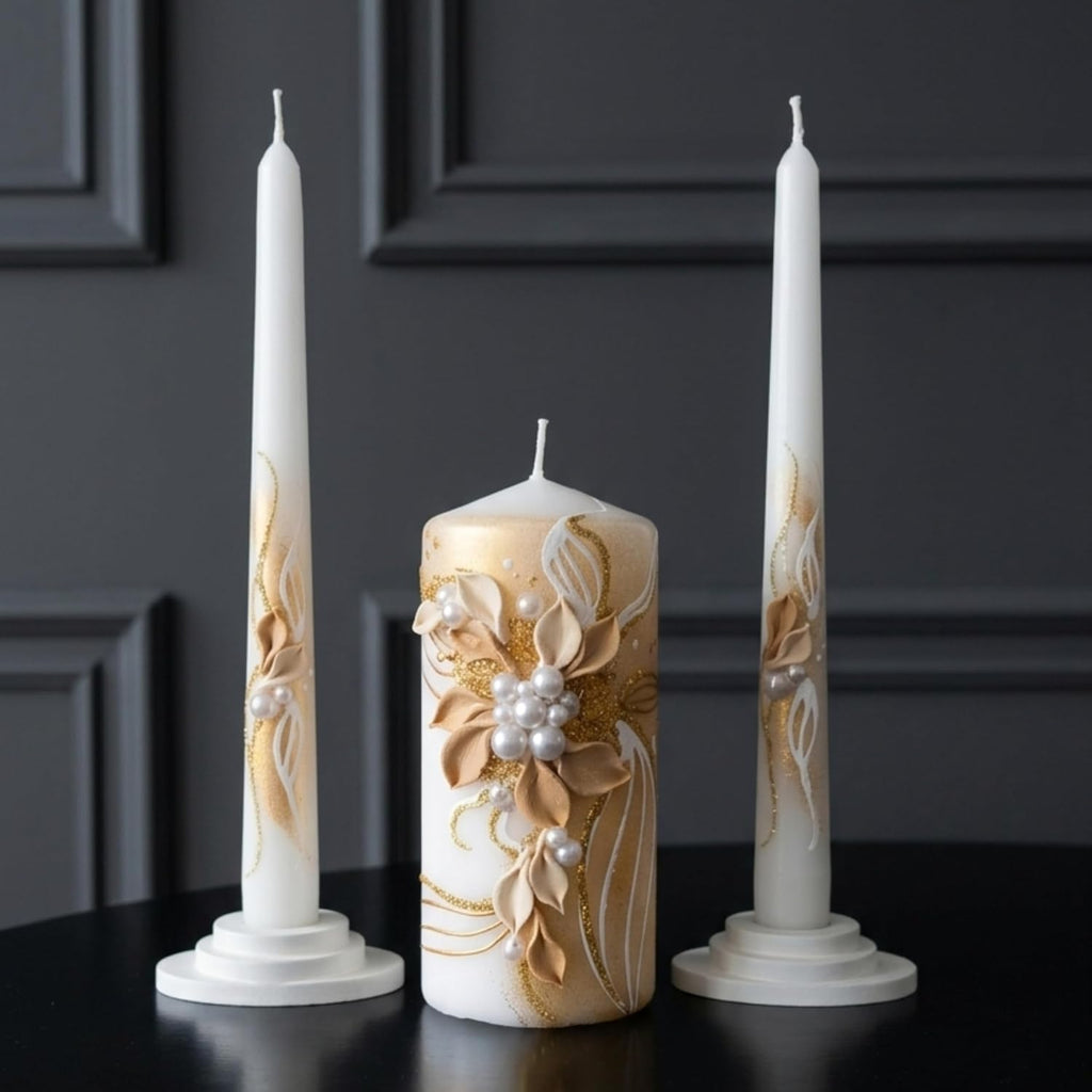 Unity Candle Set for Wedding Ceremony – 6” Pillar & Two 10” Taper Candles – Long Burning Wedding Unity Candles for Reception Marriage Ritual & Home Decor - Handmade in USA – White | Gold