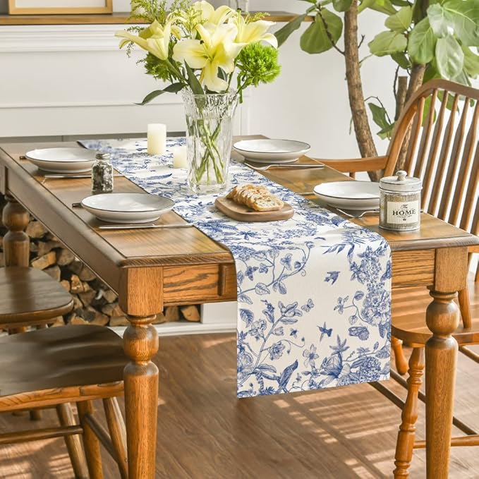 Artoid Mode Monochrome Sketch Birds and Flowers Spring Table Runner, Seasonal Summer Fall Kitchen Dining Table Decoration for Home Party Decor 13x120 Inch
