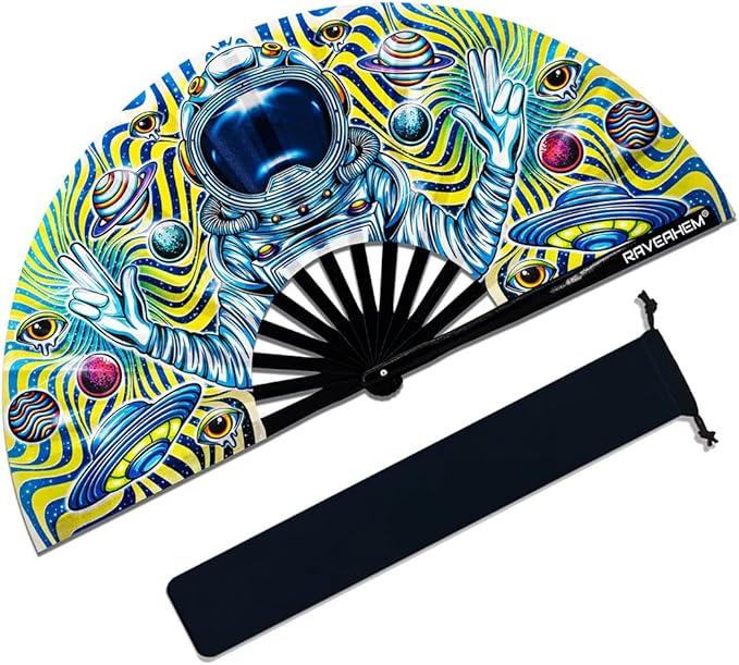 13" Large Rave Fan Bamboo, Folding Clack Hand Fans Foldable for Men Women, Boots on the Ground Poping Fan for EDM Festival Line Dance Decoration, (Space, Large 13")