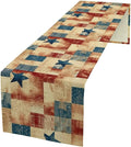 4th of July Table Runner, Rustic Vintage Country Red White Blue American Stars Independence Day Print Table Cover for Farmhouse Kitchen Dining Table Decor, 13x90inch