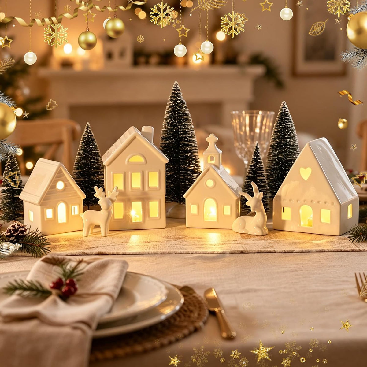 ktinnead 11 pcs christmas village sets-white ceramic indoor, close-up detail
