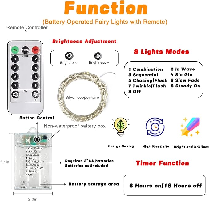 4 Pack 60LED Battery Operated Fairy Lights with Remote, 8 Modes LED String Lights with Timer, Dimmable, Memory Function, Waterproof Twinkle Fairy Lights for Outdoor Indoor Christmas Decor(Cool White)