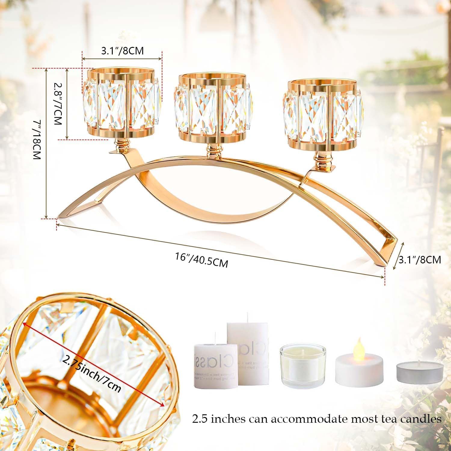 3 Arms Crystal Candle Holders, Arch Candlestick Table Candelabras Centerpieces for Wedding, Dinning Room, Cabinet Ornaments, Home Decoration， Gift (Gold, 2 Pcs-3 Arm Arched)