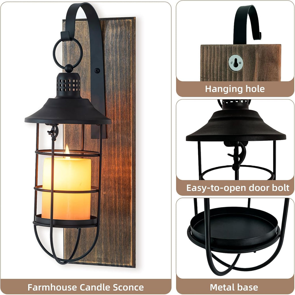 Wall Candle Sconce with Black Lantern, Set of 2 Farmhouse Decor | Candle holders with Distressed Wood Boards, for Front Porch, Living Room, Dining Room, Bedroom or TV wall