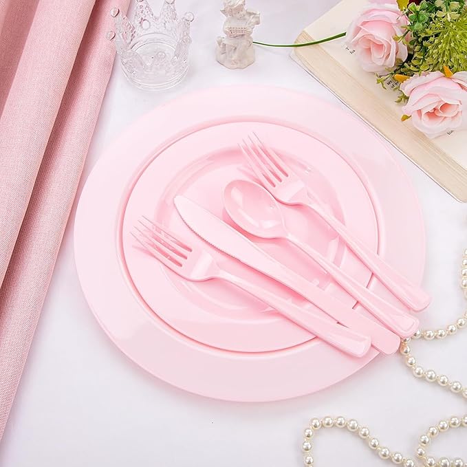 KIRE 150 Pieces Pink Plastic Plates Disposable - Pink Dinnerware Set Include 25 Dinner & 25 Salad Plates 25Forks 25Knives 25Spoons 25 Cups for Baby Shower/Bridal Shower