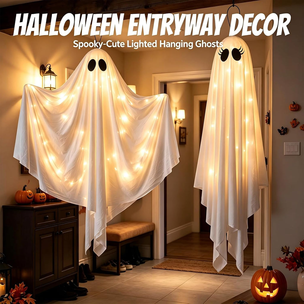 47.25" light up hanging ghost halloween decorations outdoor, front angle view