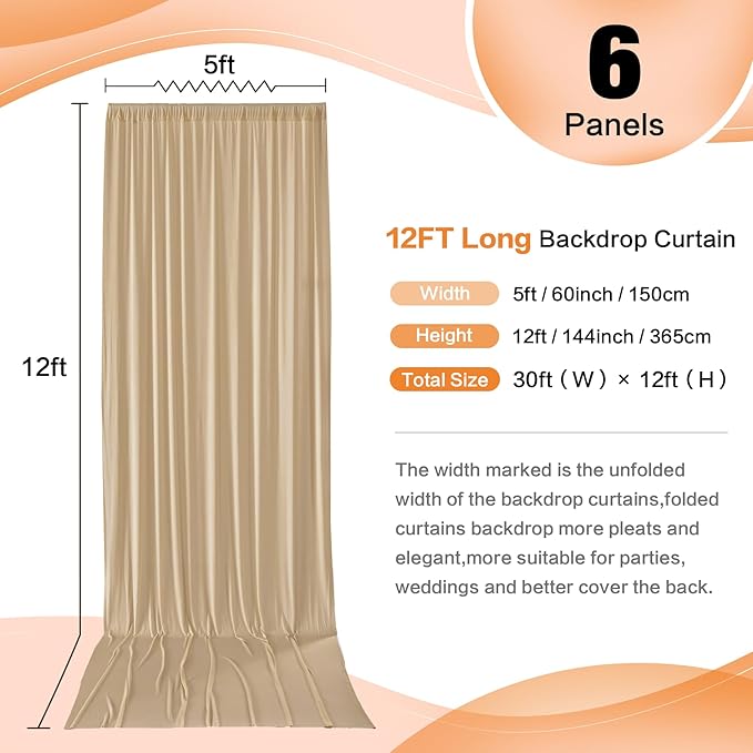 30×12 ft Wrinkle Free Beige Backdrop Curtain for Weddings Parties, 2 Panels 12ft Silky Polyester Wedding Drapes Backdrop Photo Back Drop Cloth for Birthday Baby Shower Photography Backgrounds