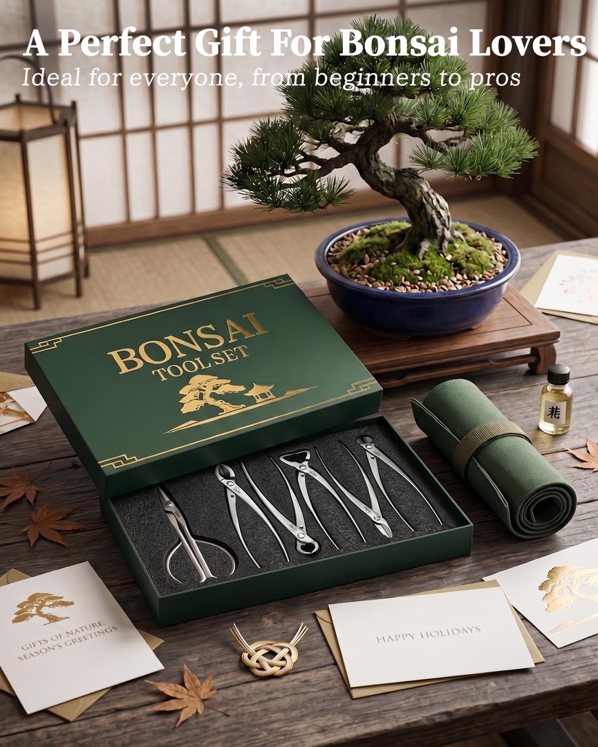 6-Piece Bonsai Tools Set with Tool Roll Bag and Luxury Gift Box
