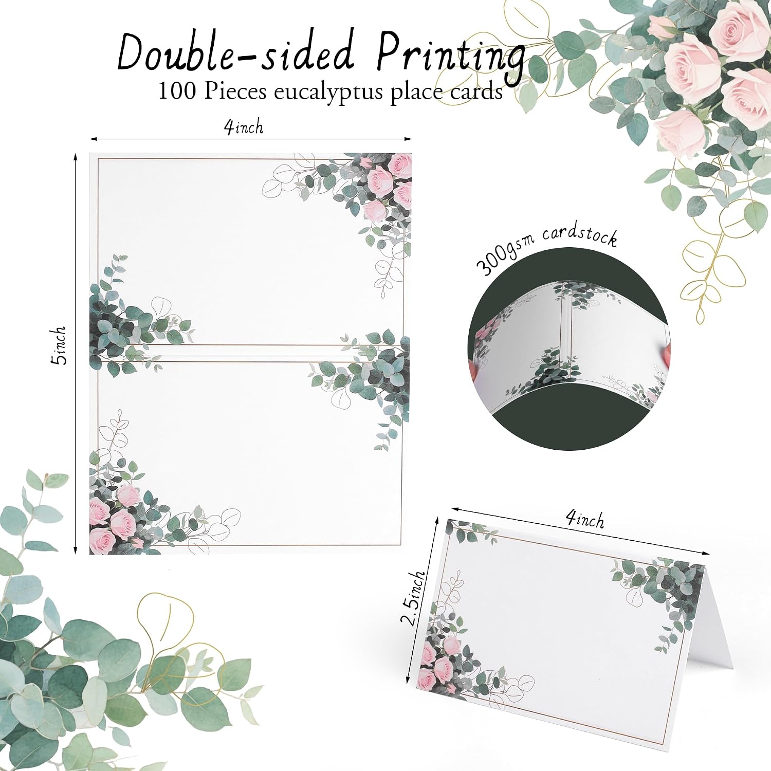 100 Pack Place Cards for Table Setting – 4" x 2.5" Folded Tent Cards, Eucalyptus Design Name Place Cards for Weddings, Parties, Events, Dinner Tables