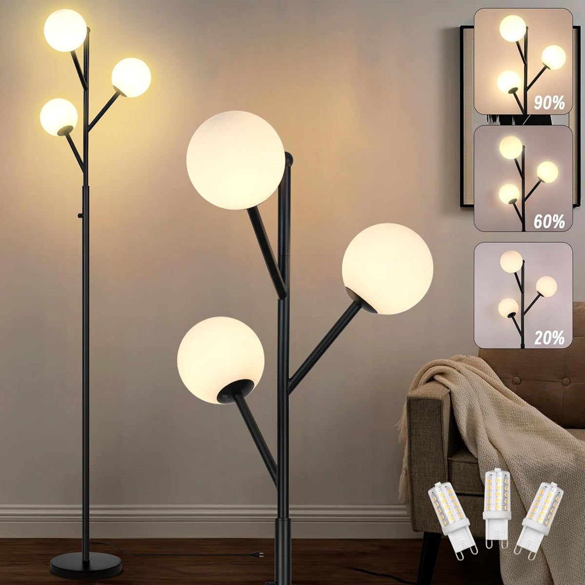 ldeco 3-globe mid century black tree floor lamp, main product view