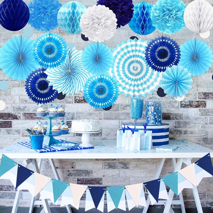 Navy-Light Blue Party Decorations, 23Pcs Hanging Paper Fans Party Decorations with Honeycomb Ball, Pom Poms Flowers for Boy Men Birthday Decoration, Bridal Shower,Baby Boy Showers,Wedding