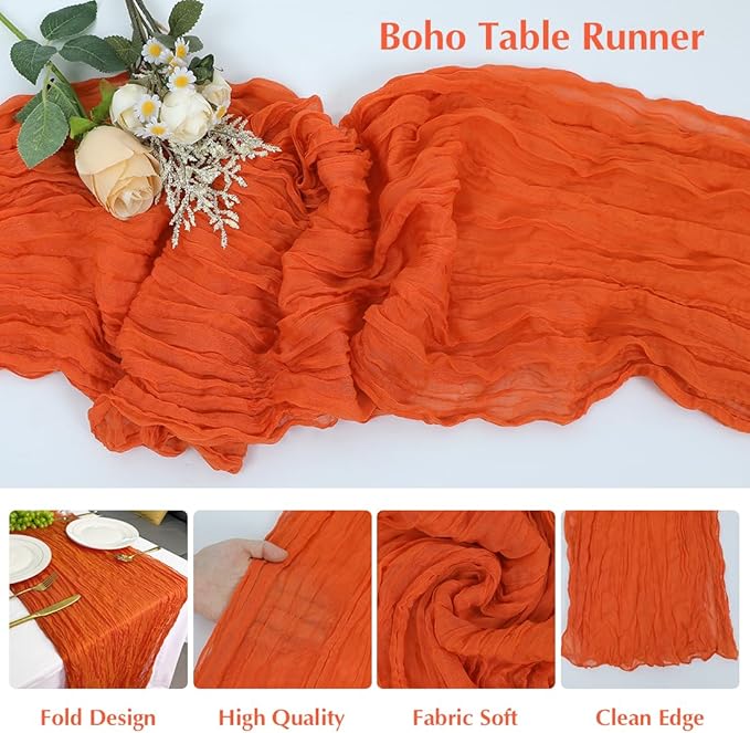 10 Pack Orange Cheesecloth Table Runner -21*120Inch Long Boho Wedding Table Decor, Rustic Gauze Fabric Runner for Bridal Showers, Baby Showers & Parties (Sheer, Lightweight, Wrinkled Design)