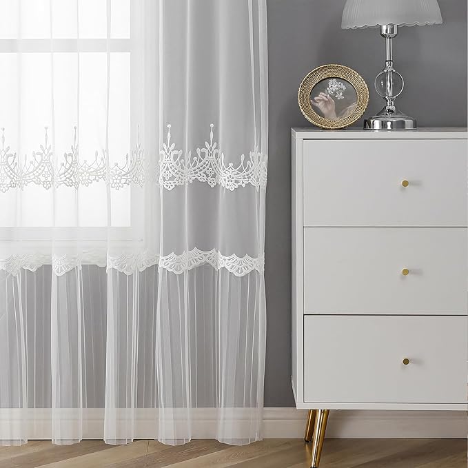 VISIONTEX White Sheer Voile Curtains, Decorative White Embossed European Rod Pocket Window Drapes for Home Kitchen, Living Room and Bedroom 54 x 84 Inch, Set of 2 Curtain Panels