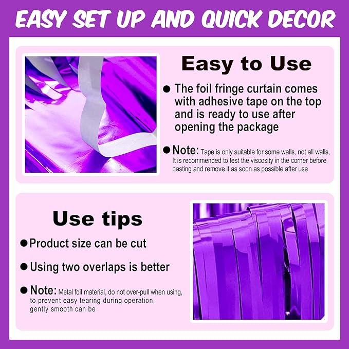 6 Pack Purple Foil Fringe Curtains Backdrop, 3.28 x 8.2 Ft Metallic Streamers Tinsel Curtains Background for Photo Booth, Birthday, Weddings, Carnivals, Graduation, Themed Party Decorations