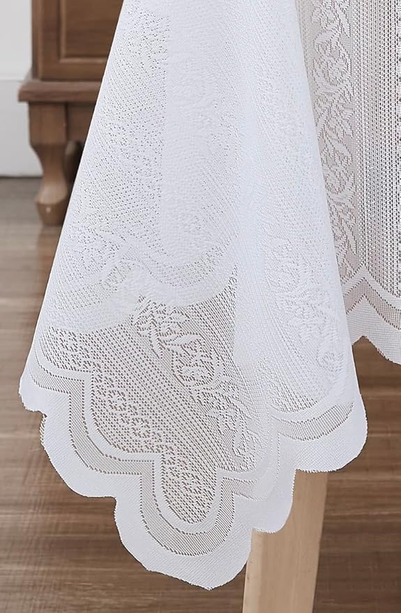 LinenZone Round Lace Tablecloth with Elegant Scalloped Bottom for Any Special Event Such as Wedding, Birthday Party, Baby Shower, Anniversary. Sits 4 to 6 People. (Linda 70 Round, White)