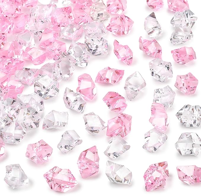 DomeStar Fake Ice, 150PCS Acrylic Fake Diamonds Vase Fillers Pink and Transparent Rocks Plastic Gems for Party Table Scatter Decor