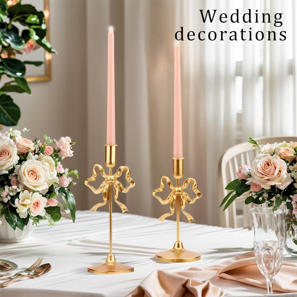 Gold Bow Tie Candle Holders, Vintage Brass Candlestick Holders for Pillar Can...