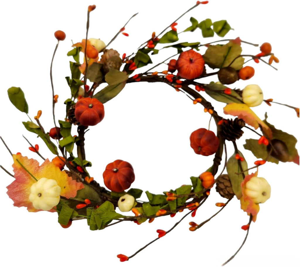 6" Orange/Green Primitive Pumpkin Berries Candle Rings Fall Decor CY094-6