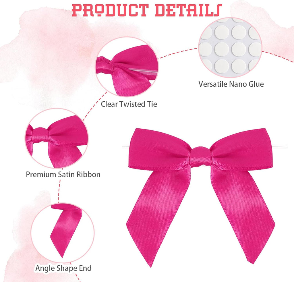 50pcs Hot Pink Twist Tie Bows, 3.5" Satin Ribbon Pre Tied Hot Pink Bow for Gifts Wrapping Treat Bags Candy Card, Mini Ribbon Bows for Crafts Wedding Bridal Baby Shower Birthday Mothers Day Bouquet