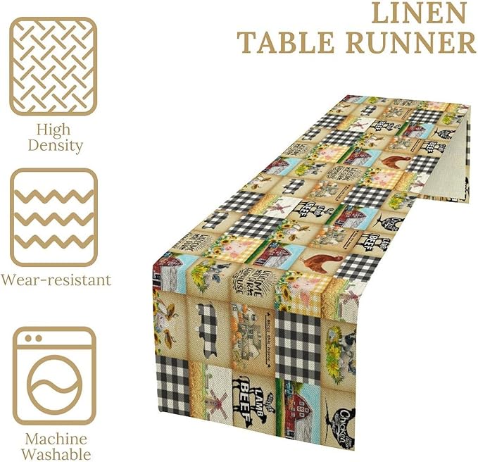Farmhouse Animals Table Runner,Rustic Cabin Pig Chicken Cow Sunflowers Geometric Grids Burlap for Hotel Indoors Outdoor Dining Room Kitchen Holiday Party, 13x70in
