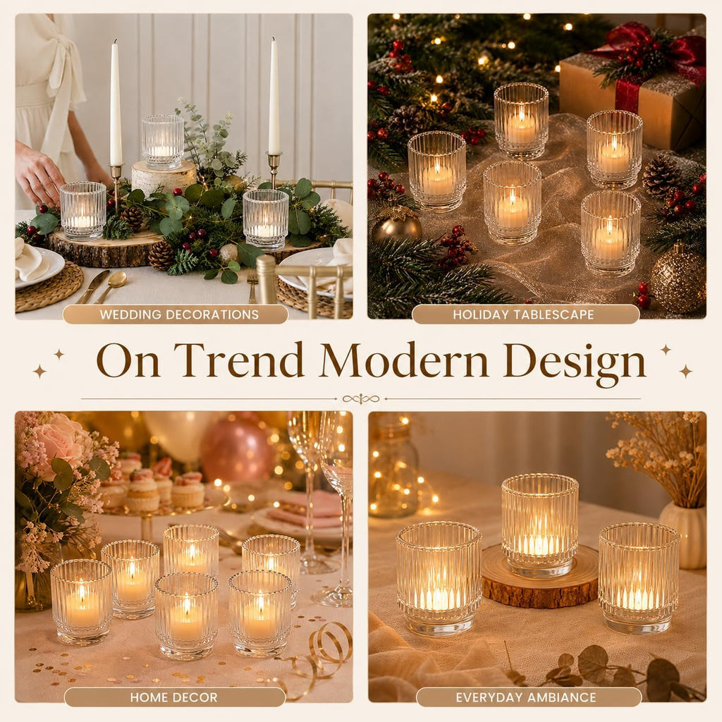 Kate Aspen Vintage Ribbed Red Glass Candle Holders Set of 6 - Votive & Tealight Candle Holder Decor for Holiday Table Decor, Christmas Dining Tablescape, Fall & Boho Home Accents (Clear)