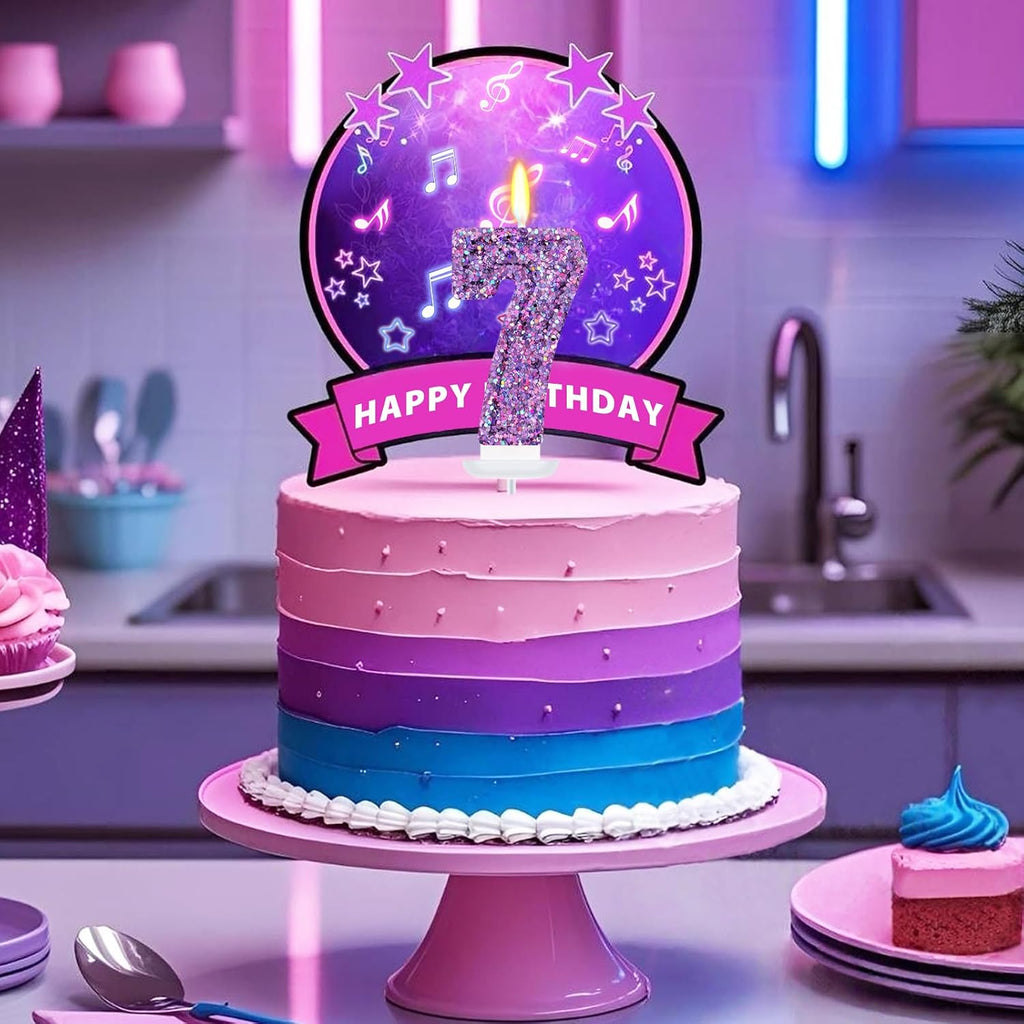 Deep Purple Glitter Birthday Candles for Girls - Number 7 Candle Cake Topper for Kpop Themed Birthday Party Decorations